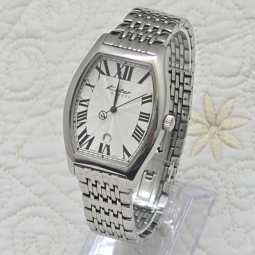VTG Kolber Geneve Tonneau Men's Watch K8420 Silver Large Wrist Quartz Guilloche